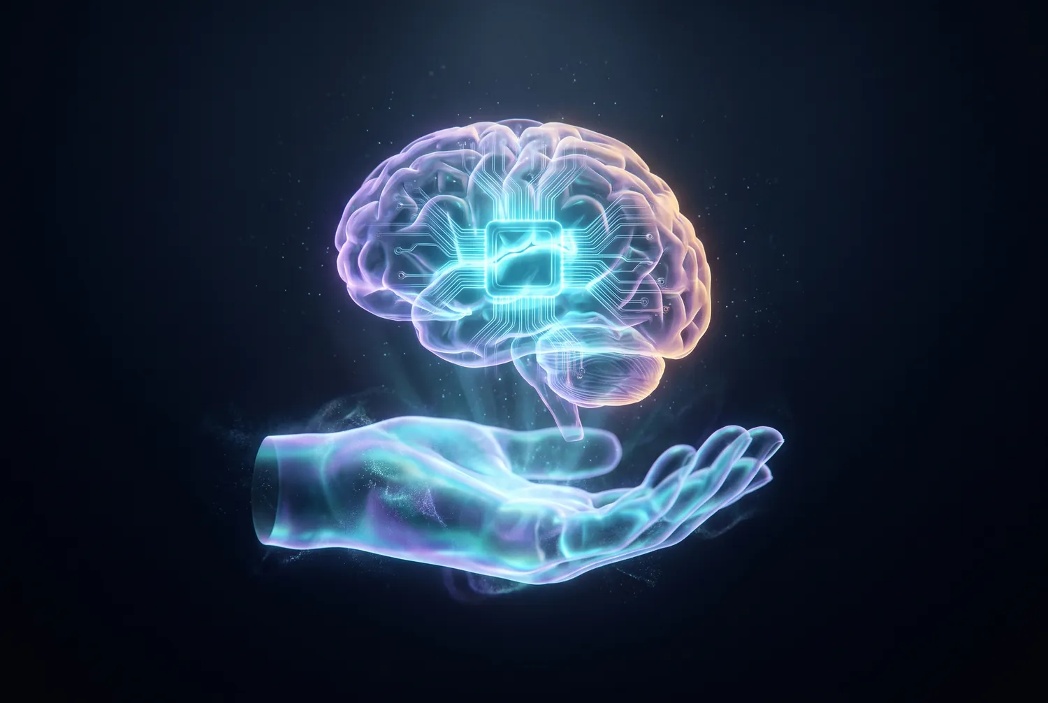 Holographic brain made of light resting above an open hand