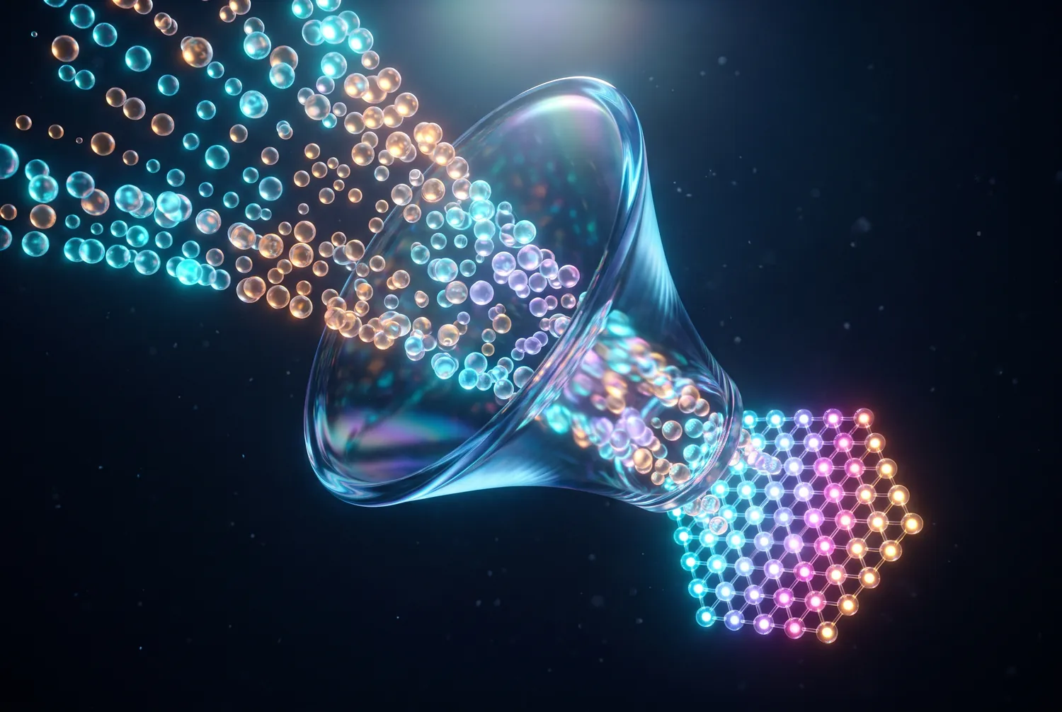 Glowing data funnel turning scattered points into an ordered pattern