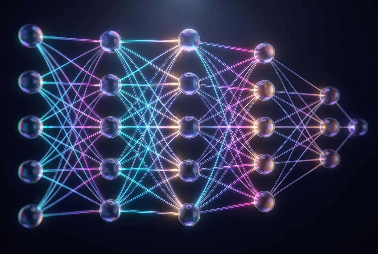 Luminous neural network of glowing nodes connected by threads of light