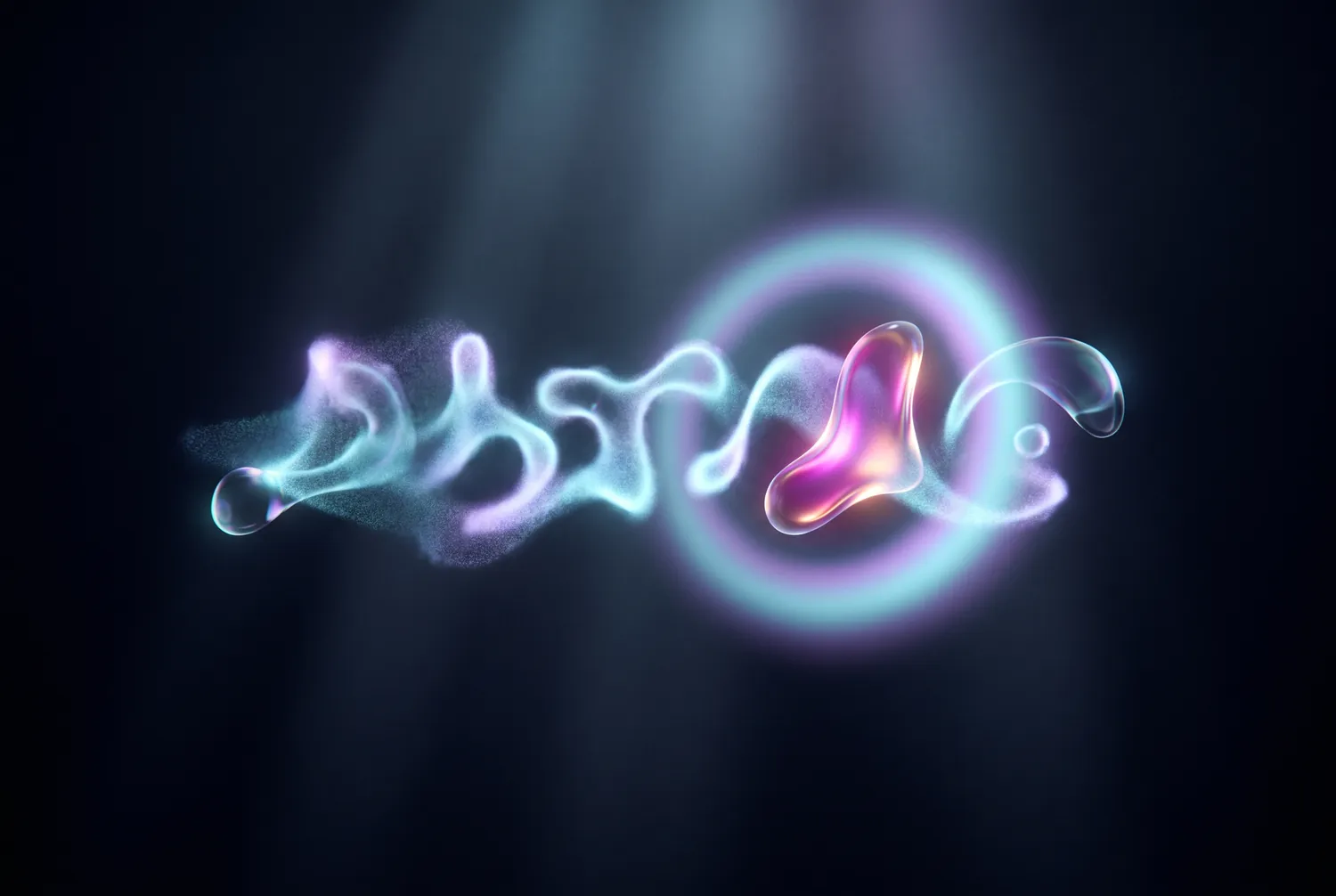 Words forming one after another out of glowing liquid light