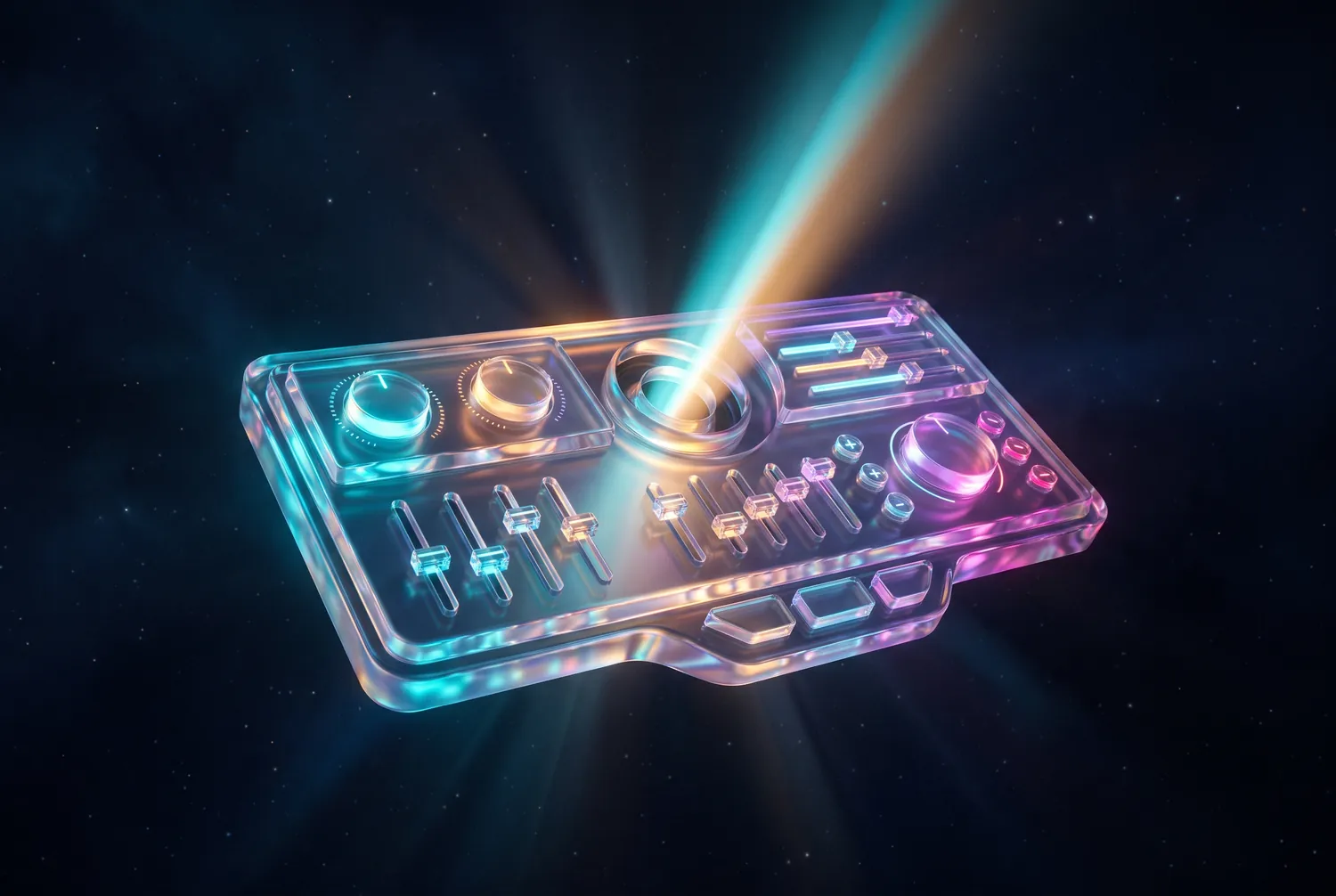 A holographic control console of glowing glass dials and sliders