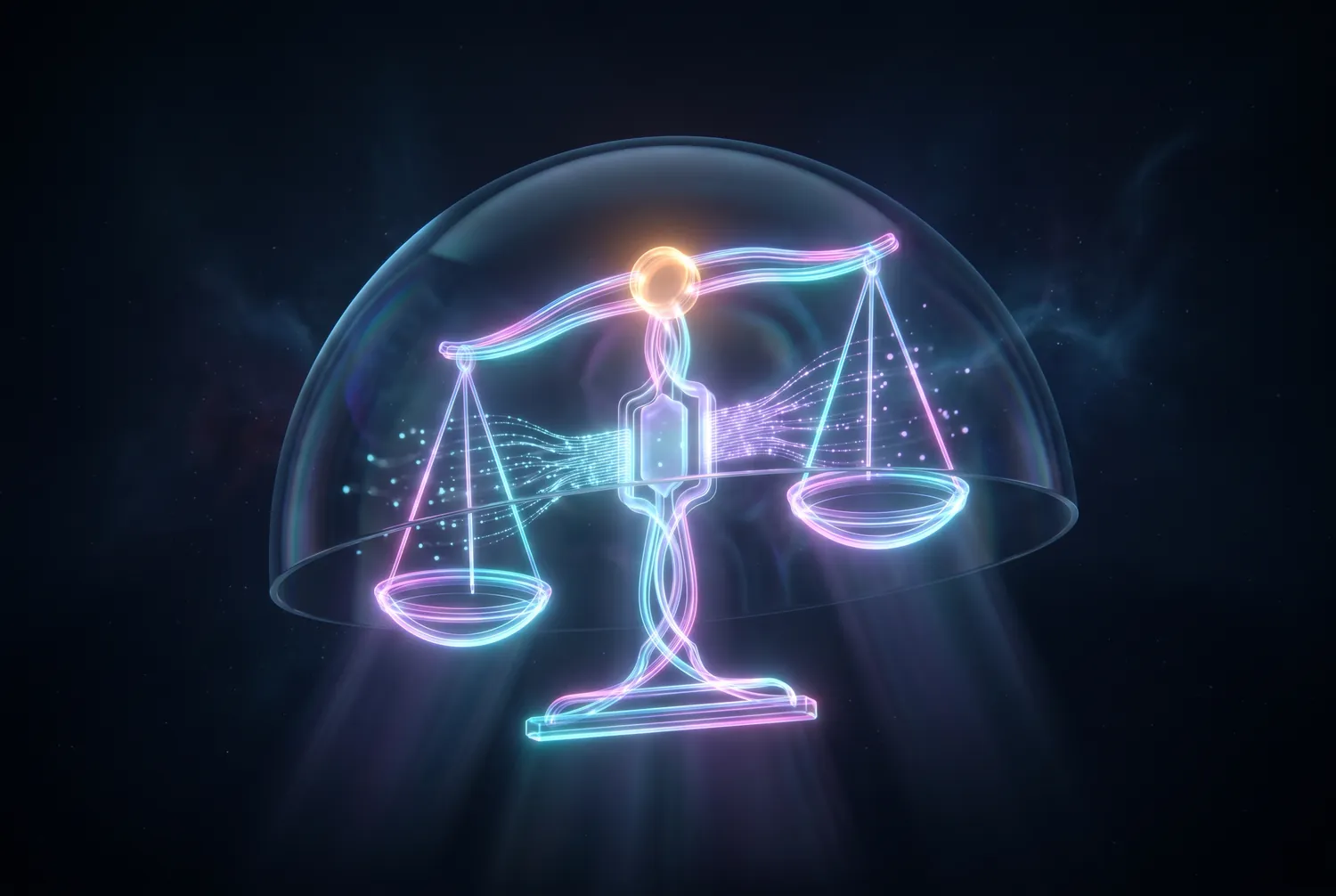 A glowing balance scale beneath a protective dome of light