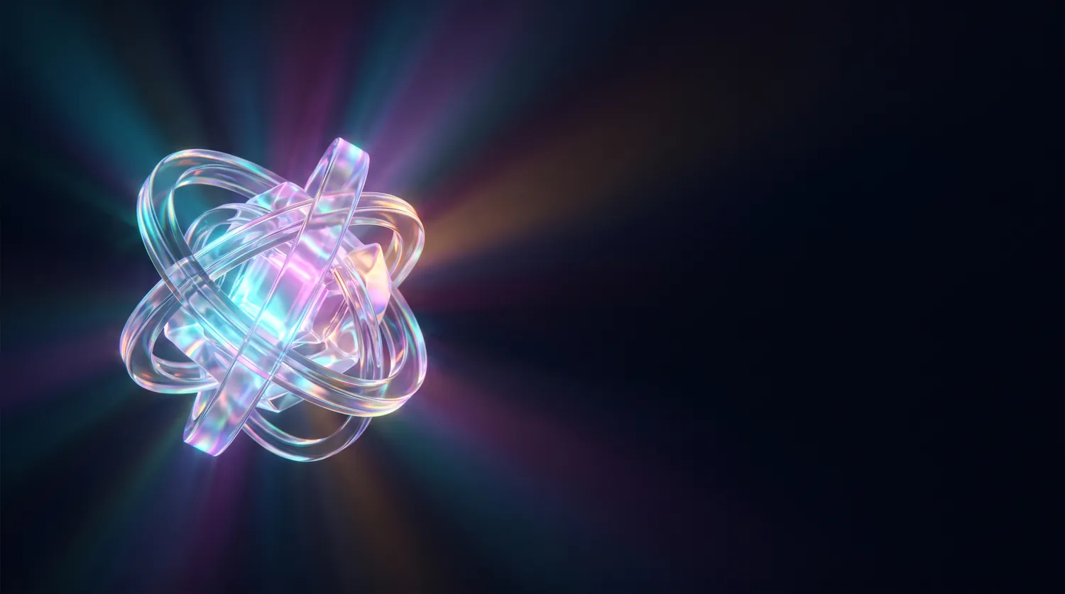 Glowing holographic atom of glass rings — the structure beneath AI terms