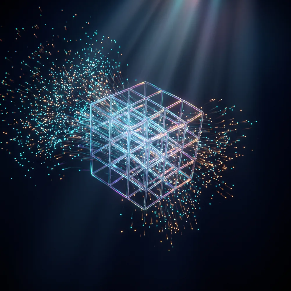 A luminous lattice of glowing data points forming an ordered structure