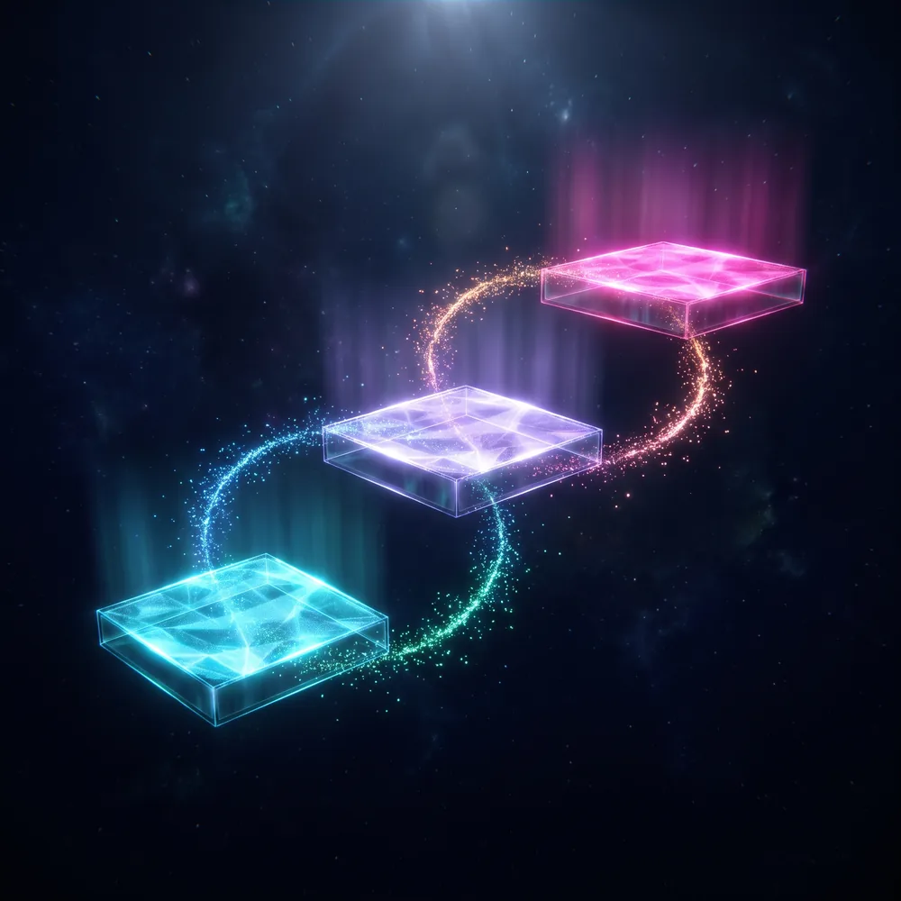 Three glowing platforms rising like steps of light, representing the path from curious to fluent