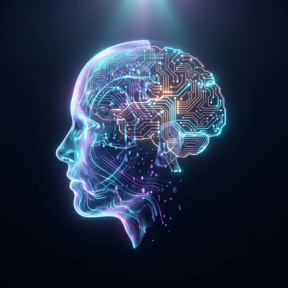 A glowing human profile dissolving into circuitry — a mind becoming a machine that learns